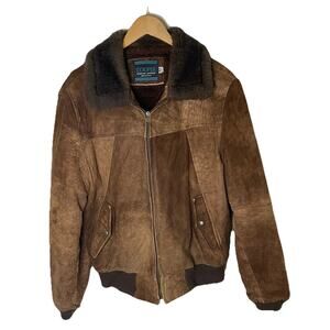 VTG 70s Brown Suede G.1 Leather Bomber Jacket Aviator Flight Faux Fur Lining 42